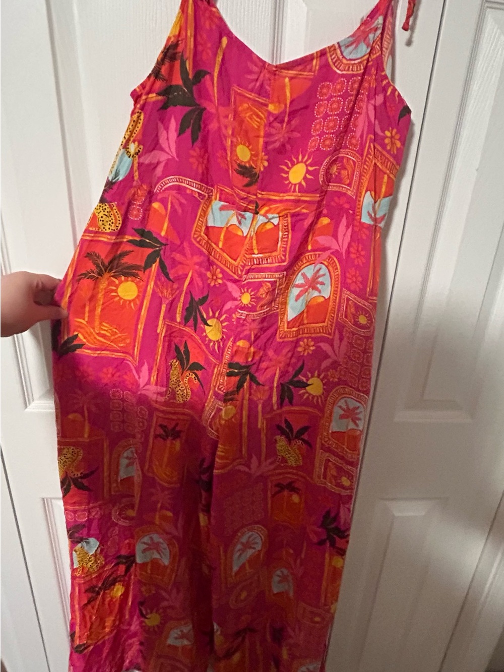 🐆 Bright Pink orange Tropical palm cheetah Print Wide-Leg Jumpsuit tie straps - Picture 7 of 8